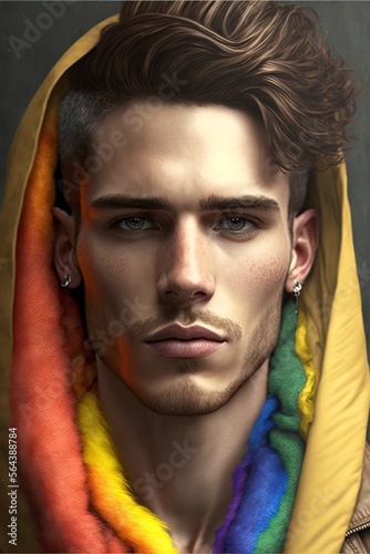 portrait of a boy created with ia generativa with earrings and goatee with hood in lgtbi colors