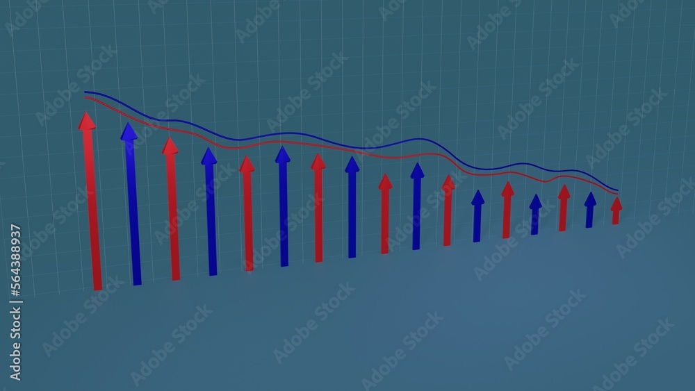 Fototapeta premium Economy financial market graph, 3d render, 3d rendering, 3d render, price decline charts and arrow concepts, economic downturn, sale and low price, drop arrows.