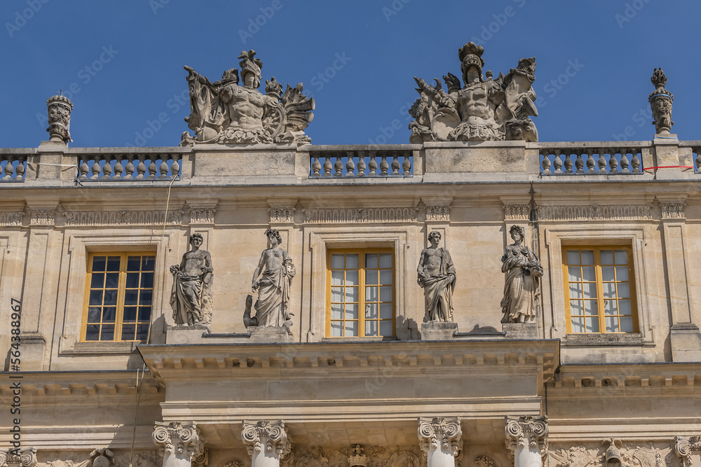 External view of architectural fragments of Chateau de Versailles (Palace of Versailles) near Paris: Palace Versailles was a royal chateau. Versailles, Paris, France.