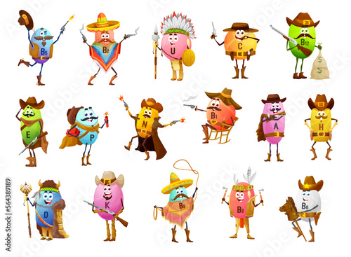 Cartoon vitamin cowboys, bandits, rangers and indians characters. Vector B2, U, C, B12 and E. P, N, B1, A and H with D, K and B9 western horsemen and indigenous aboriginal personages