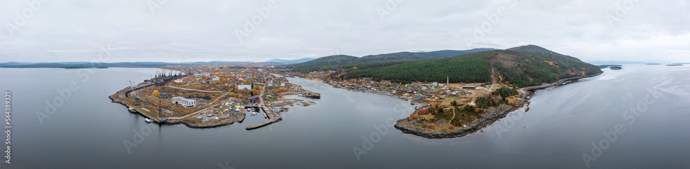 Aerial panorama Townscape and Suburbs of Kandalaksha Town located in Kola Peninsula in Nothern Russia