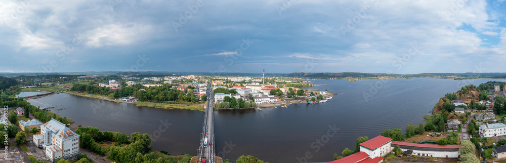 Large Panorama of Sortavala, a city in Karelia. Ladoga lake, Ladoga skerries. Top view frome drone.