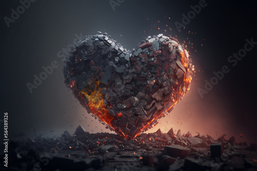 Fototapeta Abstract glass heart shape made of pieces, smoke and exploding parts comes out o
