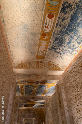 Interior of the tomb of Ramses IV in the Valley of the Kings, colored paintings and hieroglyphics.