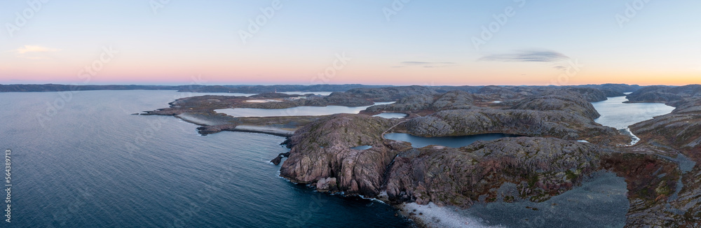 Panorama Teriberka in autumn. Colorful tundra landscape on the Kola Peninsula in autumn