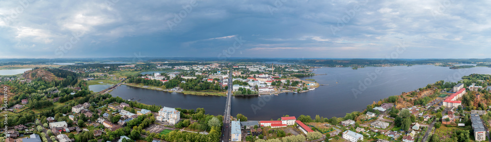 Center of Sortavala, a city on the border with Finland, a tourist destination in Karelia. Ladoga lake, Ladoga skerries. Top view frome drone