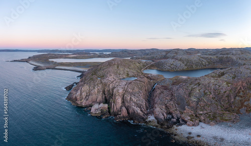 Obraz na płótnie Rocky coastline of Barents Sea near Teriberka, panoramic aerial view. Scenery of Russian North. Kola Peninsula, Murmansk Oblast, Russia w salonie
