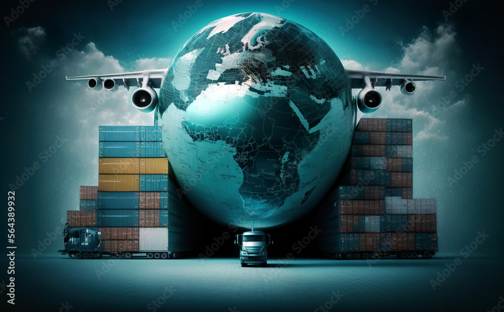 Fototapeta premium A large globe, next to it are stacked containers, above it is a cargo plane. A truck is positioned directly in front of the globe, highlighting the themes of global trade and transportation.AI gene