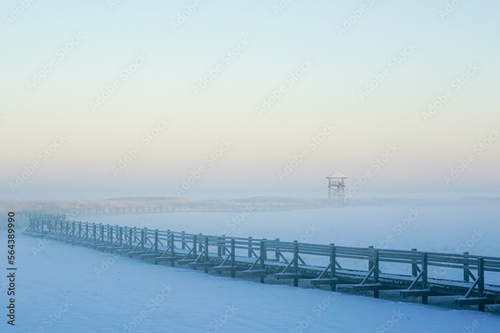 Winter view of a snow covered wooden boardwalk on a frozen lake leading to a bird watching tower
