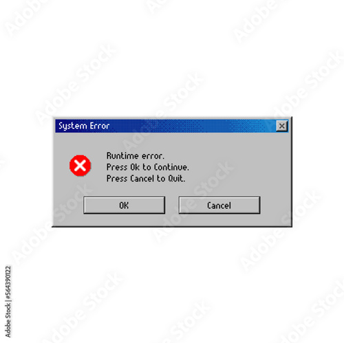 Error message window on computer system warning screen, vector popup message. Runtime error or PC alert message window option button to cancel, quit and continue, computer system error notification