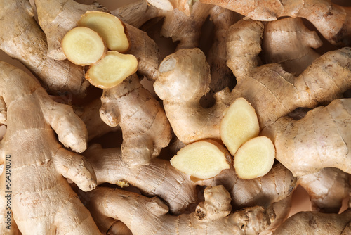 Fototapeta Texture of fresh ginger roots as background