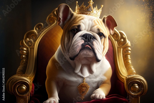 Bulldog king wearing gold crown sitting on the wooden throne
