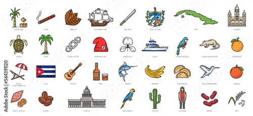 Cuba outline icons, Havana travel landmarks and tourism attractions, vector color line symbols. Cuba flag and map, Capitol building and Columbus ship, Havana tourist sightseeing, culture and tradition