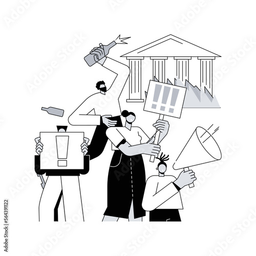 Mass riots abstract concept vector illustration. Public protest, demonstration, political activism, mass unrest, street action, meeting, vandalism and looting, curfew abstract metaphor.