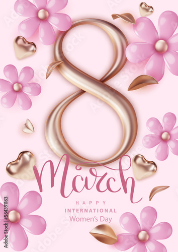 8 March banner with golden 3d number and pastel flowers. Happy women's day greeting card.