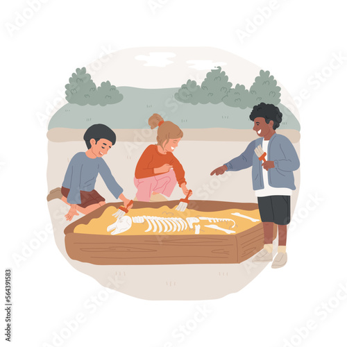 Dinosaur dig isolated cartoon vector illustration. Excited children search for dino bones in a sandbox, doing paleontology together, having common hobby, hands-on activity vector cartoon.