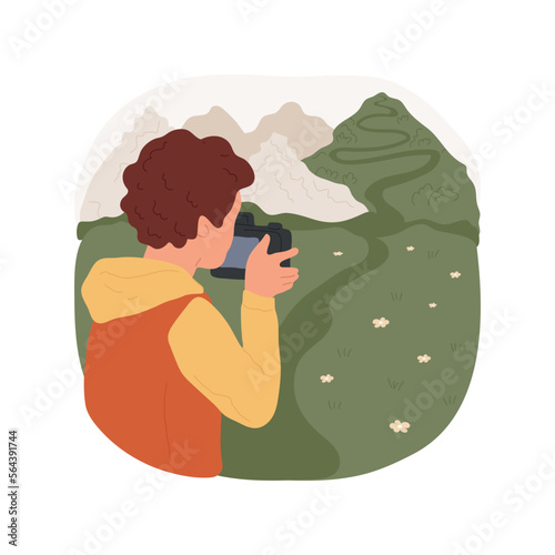 Photography isolated cartoon vector illustration. Young photographer taking pictures, holding camera in hands, shooting nature, people lifestyle and hobby, hands-on activity vector cartoon.