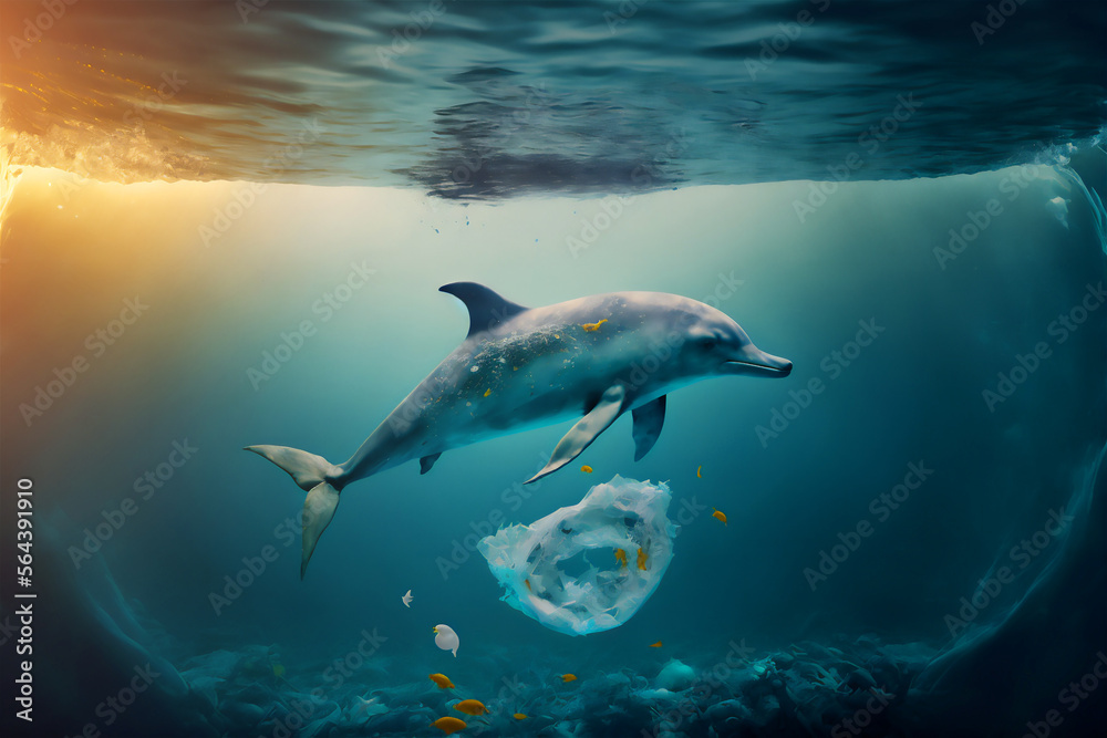 Live swimming dolphin in dirty water in garbage and household waste. pollution deadly dangerous environment. Generative AI technology.