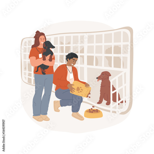 Help at animal shelter isolated cartoon vector illustration. Group of smiling volunteers bringing food to homeless animals, feeding pets, people lifestyle, personal growth vector cartoon.