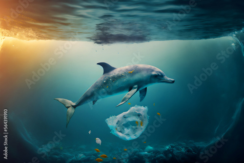 Live swimming dolphin in dirty water in garbage and household waste. pollution deadly dangerous environment. Generative AI technology. © aapsky