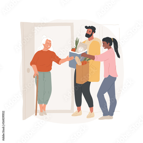 Help seniors isolated cartoon vector illustration. Family bringing food to an old lady, volunteers life, personal growth, having a purpose, collective aid to aged people vector cartoon.