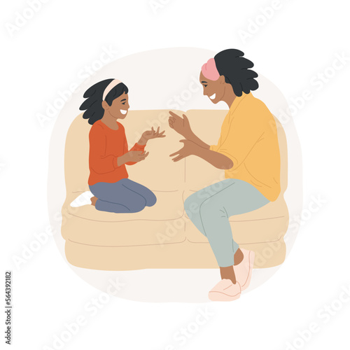 Listen to the child isolated cartoon vector illustration. Smiling and happy mom sharing secrets, family lifestyle, personal growth, parent child-friendly conversation vector cartoon.