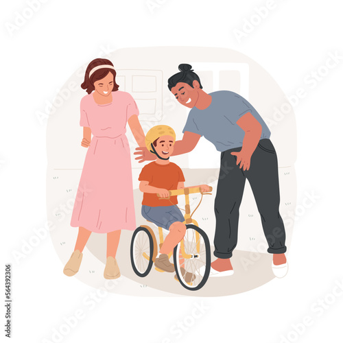 First bike ride isolated cartoon vector illustration. Parent help kid to ride a bicycle, happy childhood, people having fun, family active lifestyle, physical activity vector cartoon.