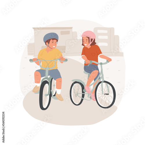 Cycling fun isolated cartoon vector illustration. Group of smiling kids riding bicycles and having fun together, happy childhood, active lifestyle, physical activity vector cartoon.