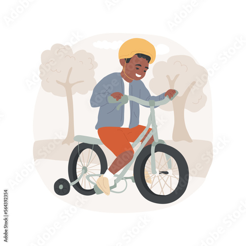 Bike training isolated cartoon vector illustration. Smiling kid on a bicycle with training wheels, active lifestyle, physical activity, health care, happy childhood vector cartoon.