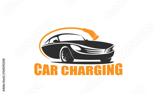Electric car charge service icon. EV automobile battery charging station or service garage graphic vector symbol, pictogram or sign with modern coupe car and charger power cable