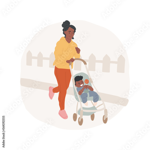 Jogging with a stroller isolated cartoon vector illustration. Young sporty mom running with stroller, modern motherhood, family life, active lifestyle, physical activity vector cartoon.