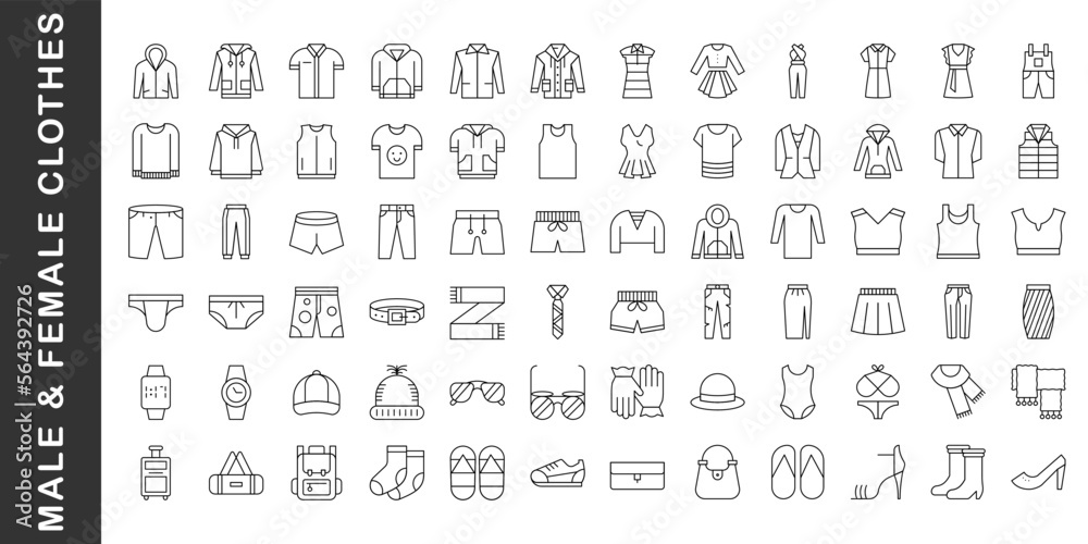 Clothes thin line icons set. Fashion icons. Dress, skirt, shirt, outerwear, pants, lingerie, bra, shoes, accessories. Lines with editable stroke