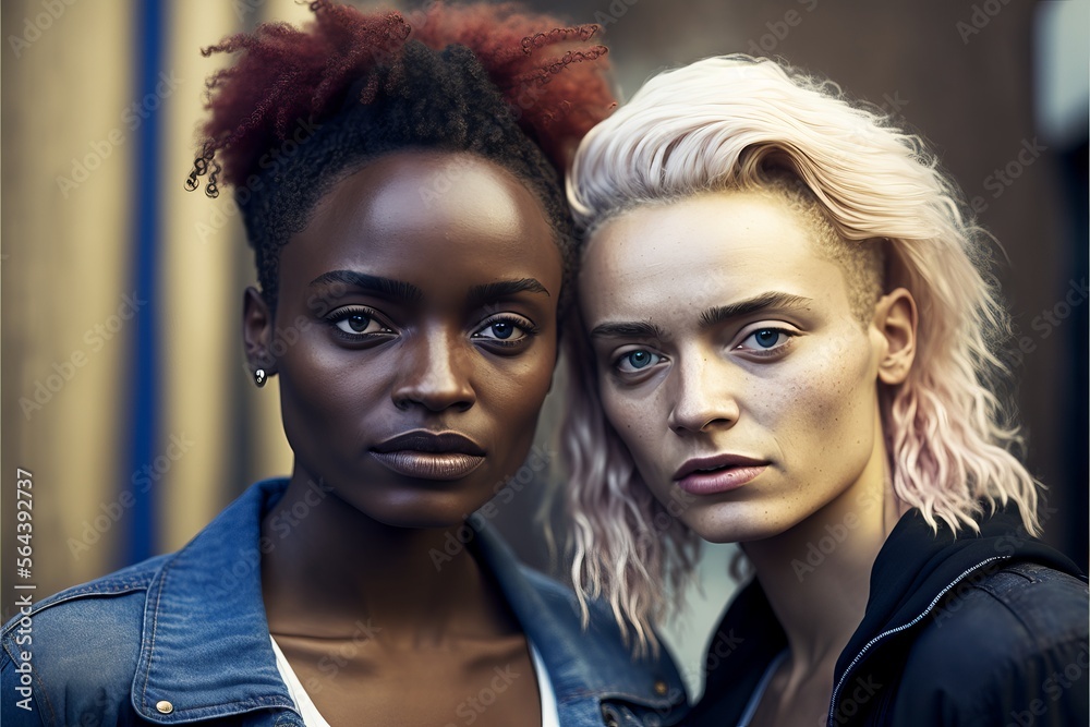 Young aged fashionable black and white lesbian couple deep in love and intimate moment. Have a romantic time. Instagrammable photo shot. Generative AI	