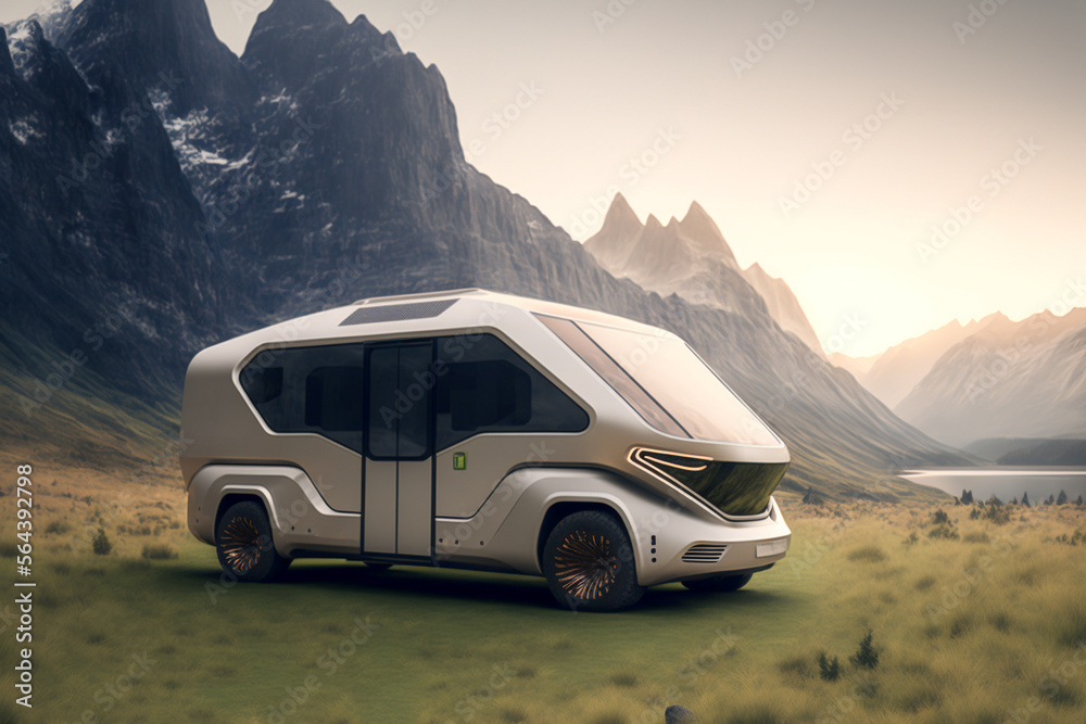 concept of futuristic electric electric camper van in mountain , automotive , Generative AI	