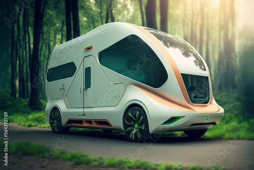 concept of futuristic electric camper van in forest , automotive , Generative AI
