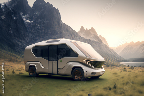concept of futuristic electric electric camper van in mountain , automotive , Generative AI 