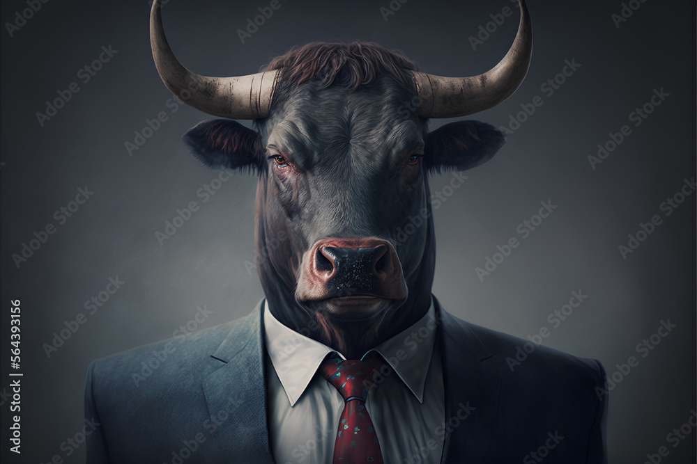 Bull head with horns in human body in business suit. Portrait. Grey background. Generative AI. Bull head with horns in human body in business suit. Portrait. Grey background. Generative AI.