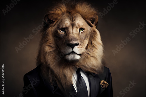 Lion animal head and human business suit. Symbolic boss image. Generative AI photo
