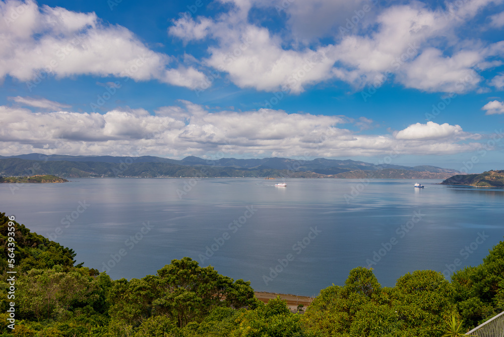 New Zealand, Wellington Harbour, Iconic view from Khandallah of the harbour on a fine sunny day with two interislander ferries