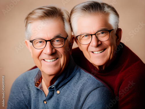 Senior gay couple. Portrait of two homosexual men on beige brown background. Generative AI