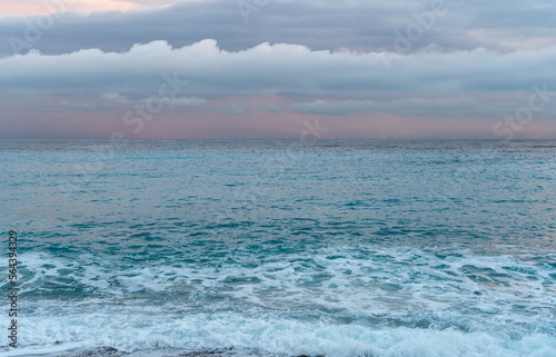 Fototapeta Naklejka Na Ścianę i Meble -  Cloudy Dawn, Azure Sea, Amazing Muted Colors, Weather Forecast Illustration