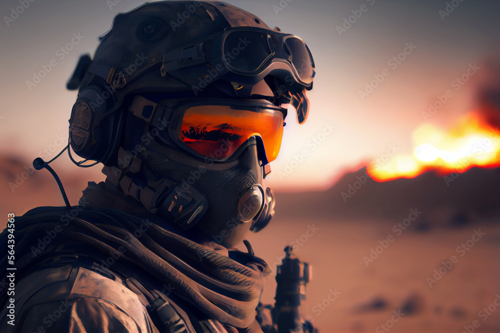 Soldiers in the Battlefield: Photorealistic Close-up of Warriors in Full Equipment with Reflection on Glasses and Helmets in Natural Light Soldiers in the Battlefield: Photorealistic Close-up of Warriors in Full Equipment with Reflection on Glasses and Helmets in Natural Light