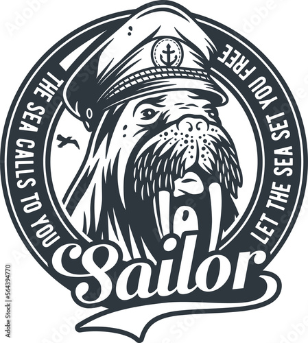 Ocean nautical captain emblem with walrus. Marine sea farer logo. Sailor man print