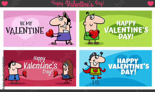 Valentines Day designs set with comic characters in love
