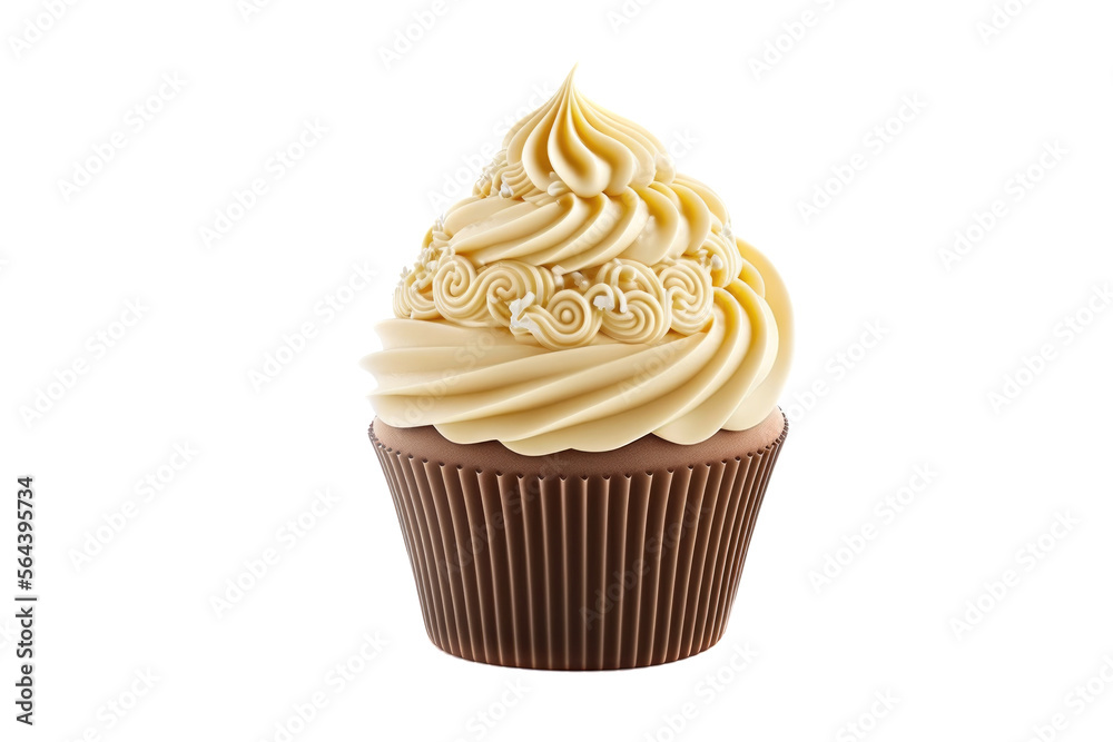 Birthday cupcake with butter cream icing isolated on white. Generative AI Birthday cupcake with butter cream icing isolated on white. Generative AI