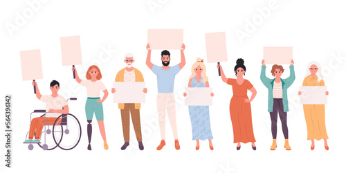People of different age holding clean empty banners and placards. Activism, social movement. Democracy, rally and protest. People with physical disability. Vector illustration in flat style
