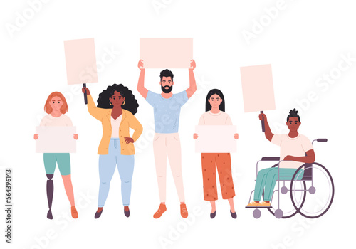 People of different race holding clean empty banners and placards. Activism, social movement. Democracy, rally and protest. People with physical disability. Vector illustration in flat style