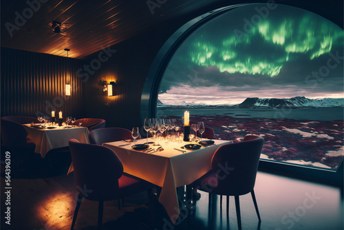background, hotel restaurant in iceland, aurora borealis in sky, generative ai. © VicenSanh