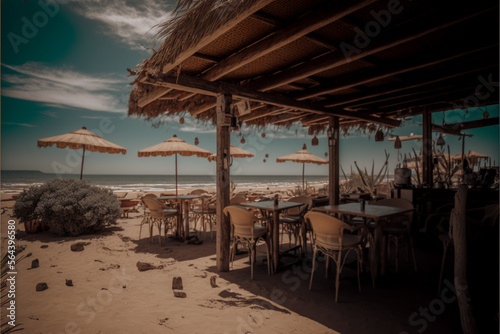 restaurant's terracein the beach, bar table, and chairs outdoor, generative ai