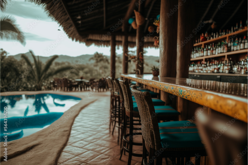 restaurant's terrace in a resort hotel, bar table, and chairs outdoor, generative ai